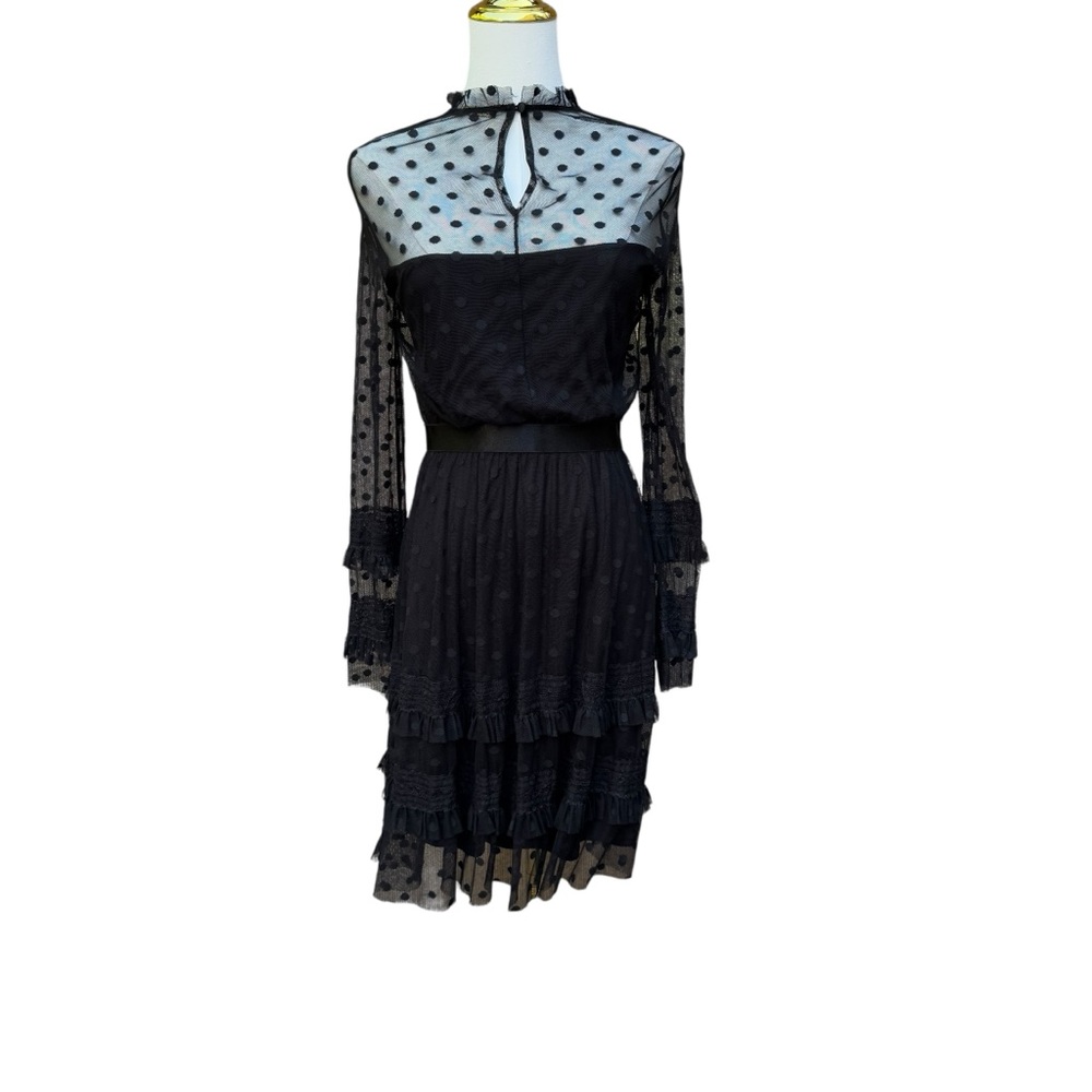 Black Sheath Dress with Mock Neck Swiss Polka Dots and Bishop Sleeves